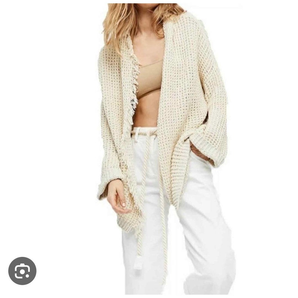 Free People I'll Be Around Ivory Fringe Cardigan Sweater, Small